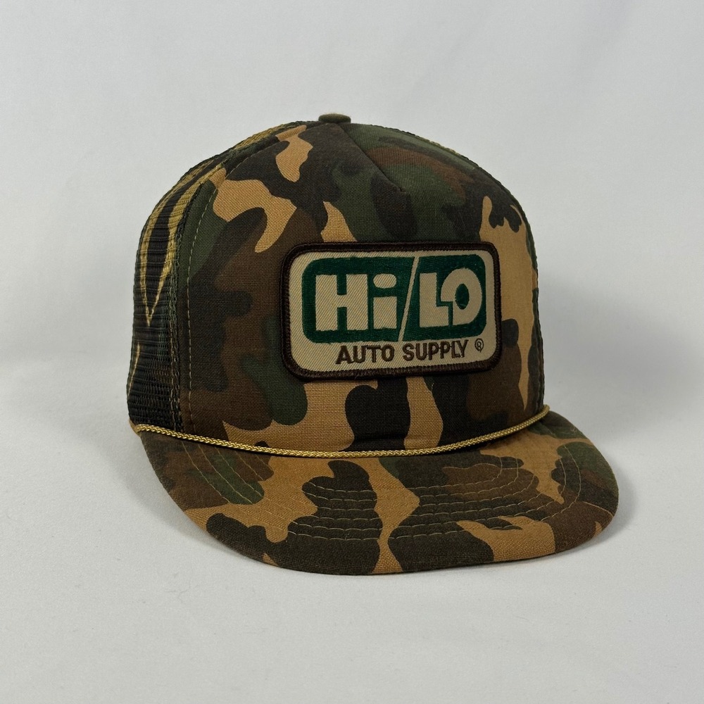 Vintage Hi/Lo Auto Supply Rope Trucker Hat OS Camo Mesh Snapback Patch Logo Cap